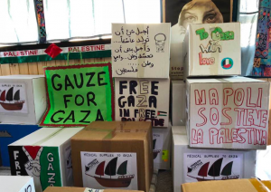 Gauze for Gaza: boxes loaded onto Freedom Flotilla vessels before departure.